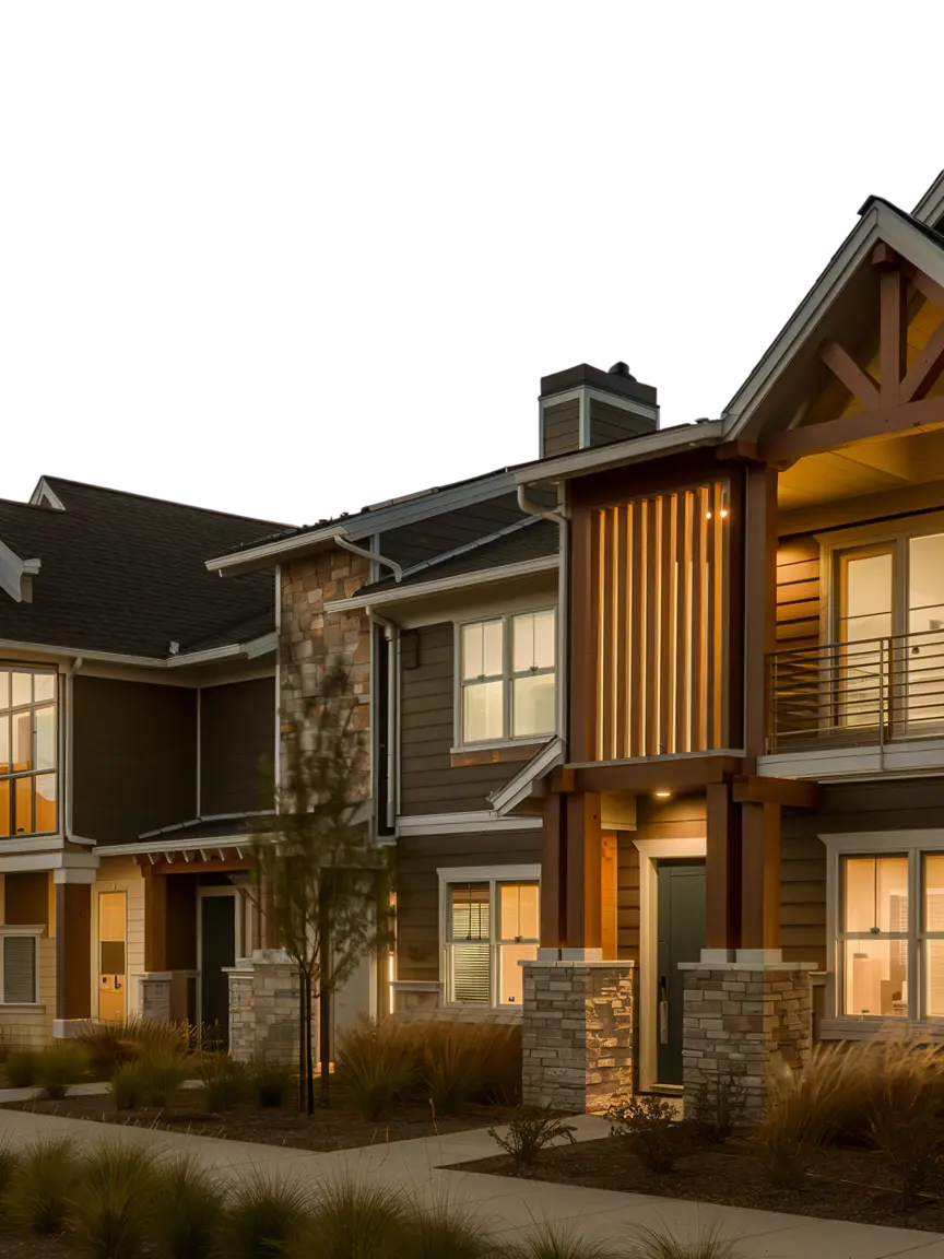 Concept design of a modern townhome exterior featuring stone accents, warm lighting, and landscaped pathways in Alberta.