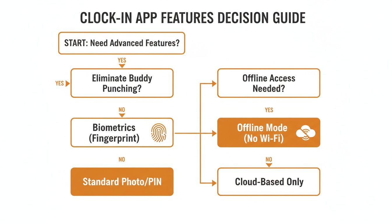A decision guide flowchart for clock-in app features, covering advanced options and access modes.