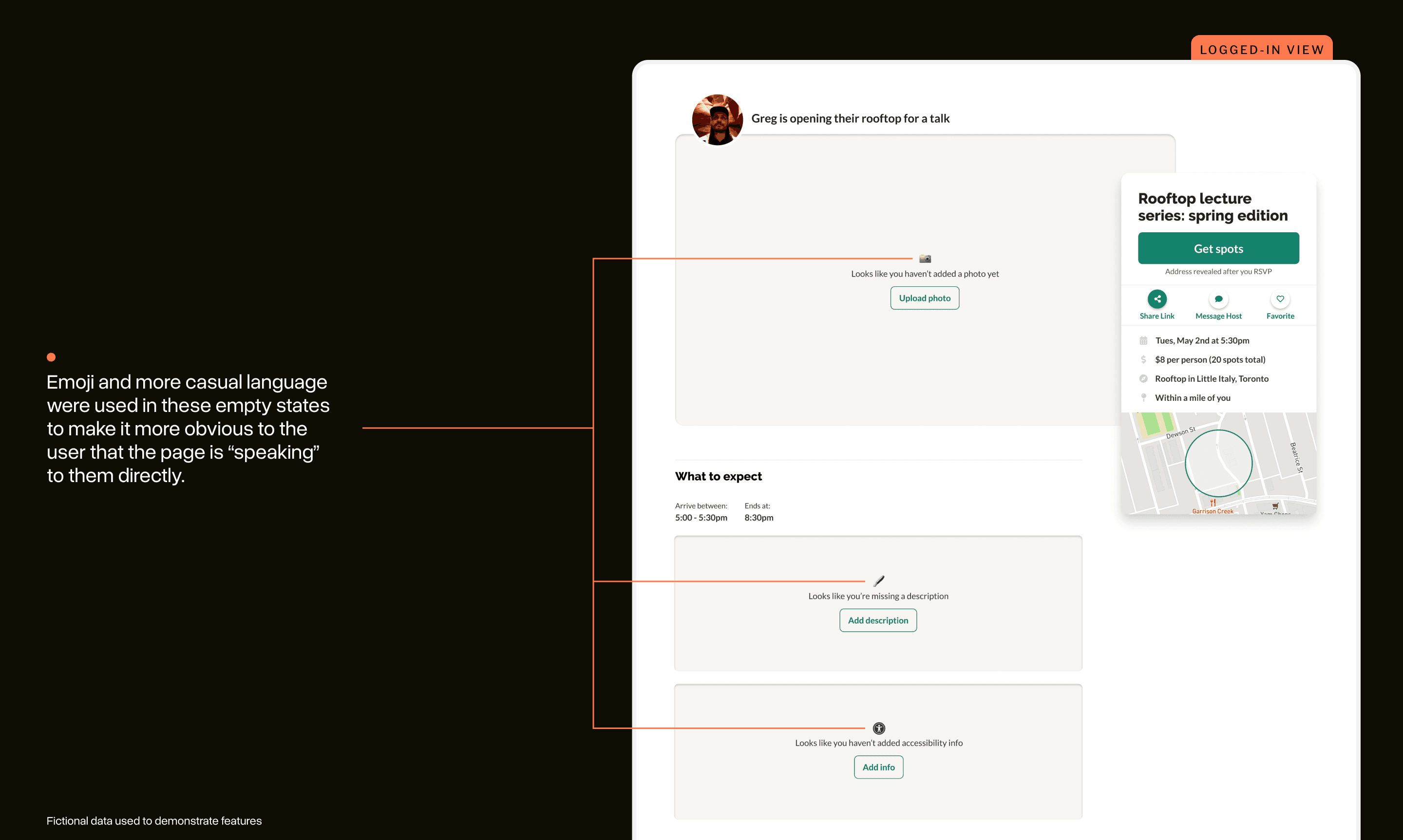 A preview of what the new event page looks like from the perspective of the person creating. There are several blank spaces with prompts asking them to fill in important information.