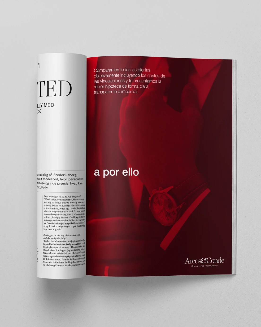 Open magazine with an Arcos & Conde advertisement, brand identity design by Sebastian Saavedra