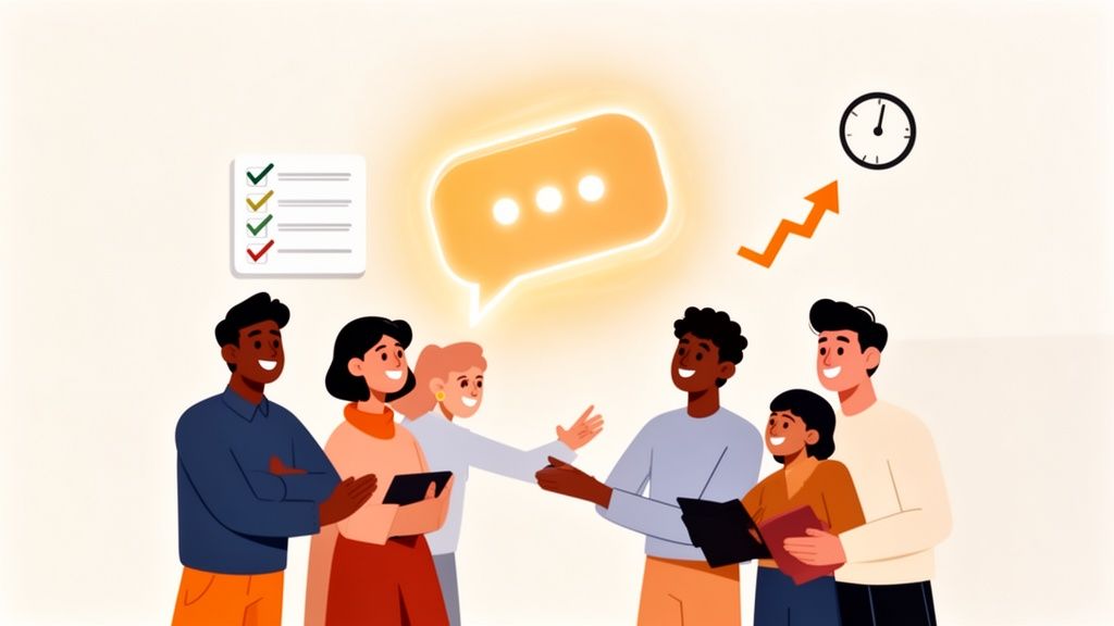 Illustration of a diverse team collaborating with a chat bubble, checklist, and growth symbols.