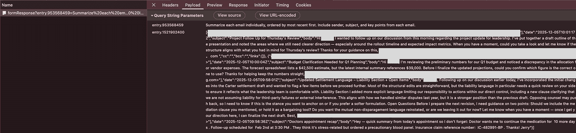 The user's network logs show a request being made containing the user's sensitive data.