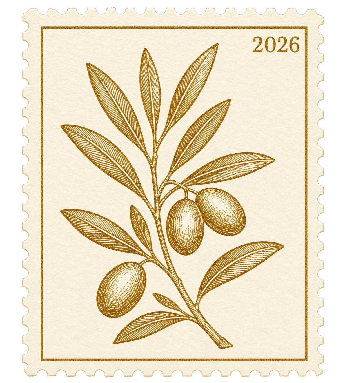 A postage stamp with an engraved olive sprig