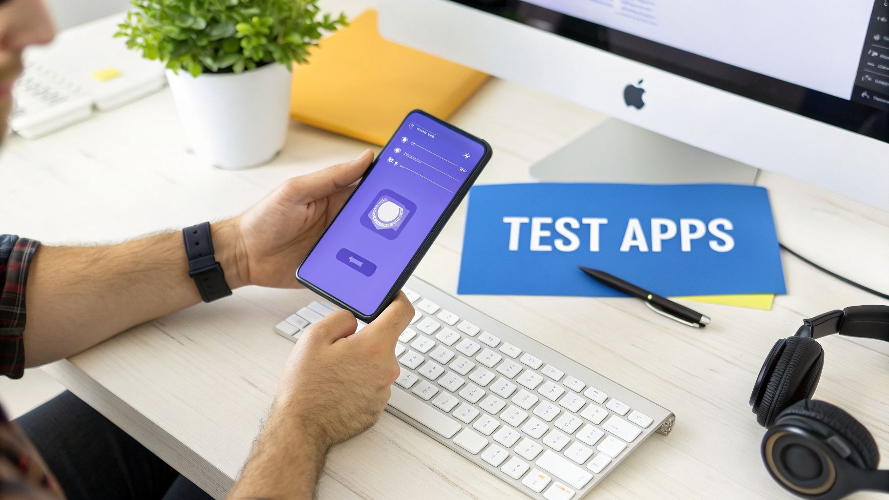 A person holds a smartphone displaying an app with a shield icon, next to a 'TEST APPS' sign.