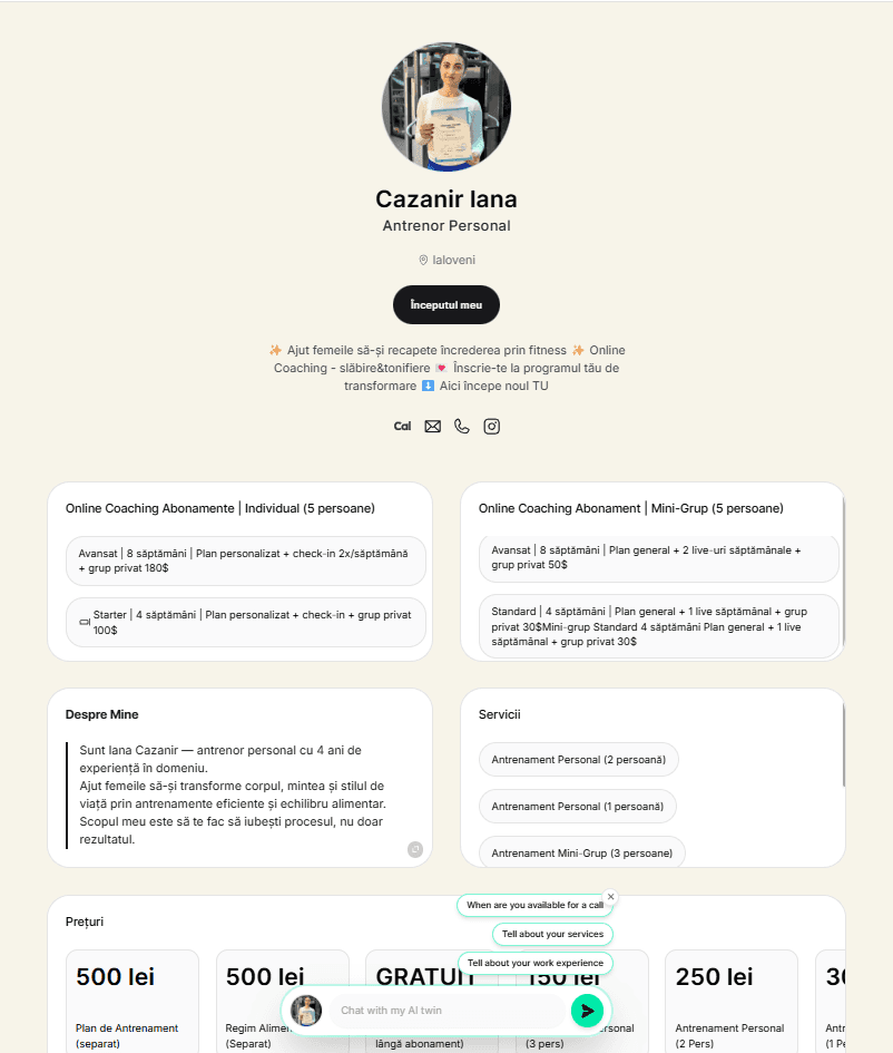 Professional coach link in bio page with integrated scheduling, social links, and client testimonial sections.