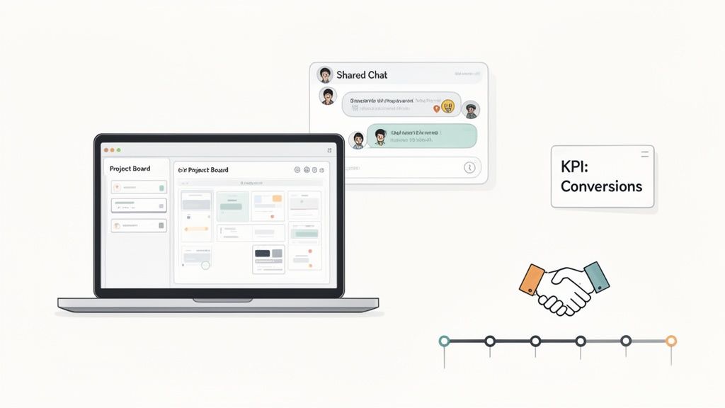 A digital workspace showing a laptop with a project board, shared chat, KPI, and timeline.