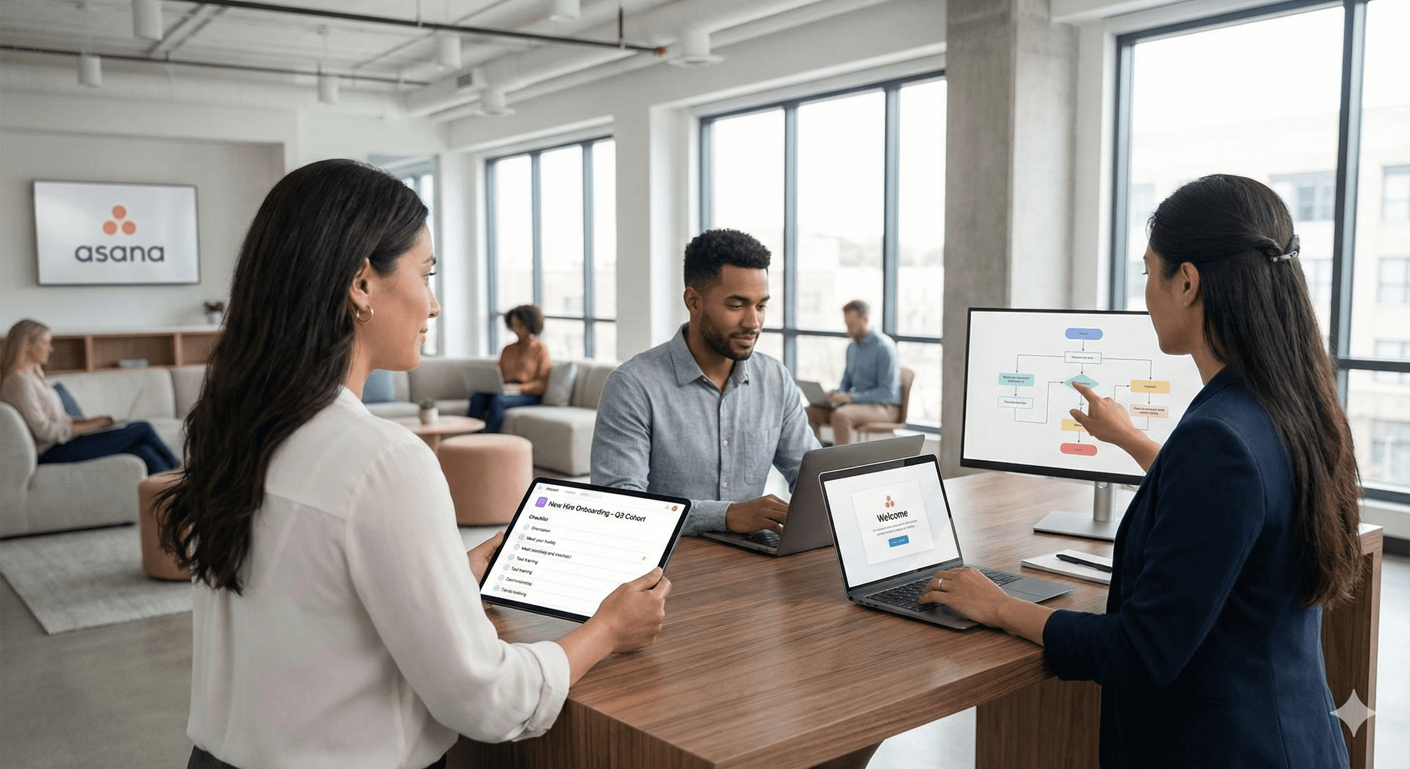 Three professionals collaborate in a modern office using Asana on laptops and a tablet, displaying a flowchart on a monitor, illustrating HR onboarding processes.
