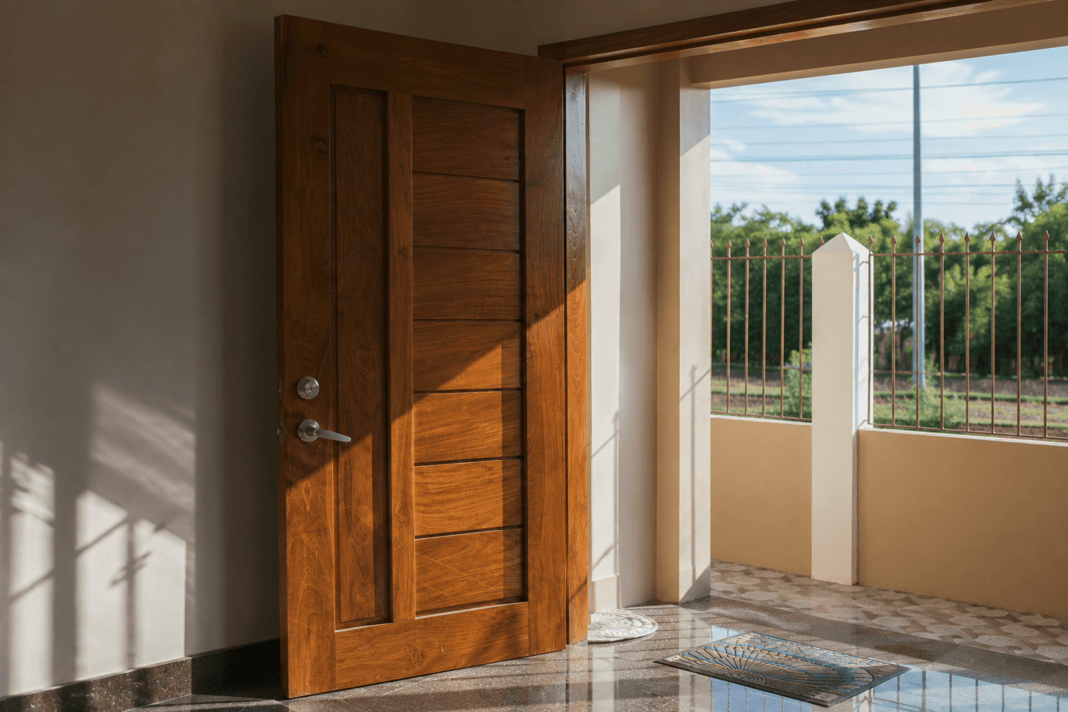 A solid wood residential exterior door with frame and lock hardware representing the complete door assembly components that determine fire rating compliance