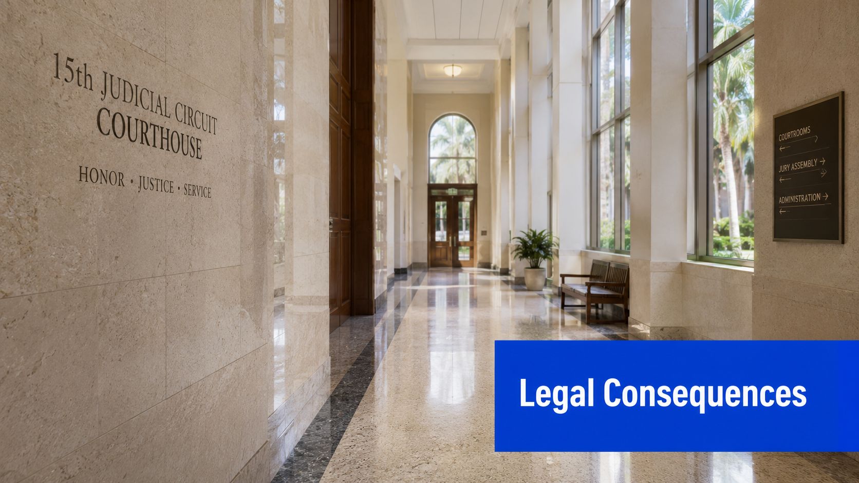 An empty, bright, and modern hallway inside the 15th Judicial Circuit Courthouse, signifying legal and judicial proceedings.