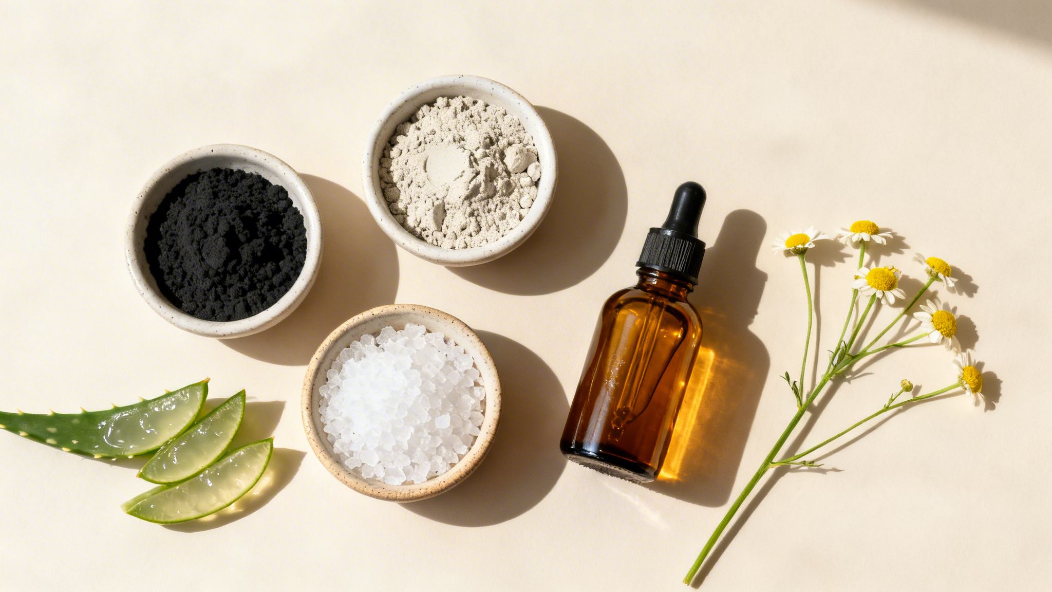 Natural ingredients for scalp deep cleaning, including charcoal, clay, salt, aloe, and oil.