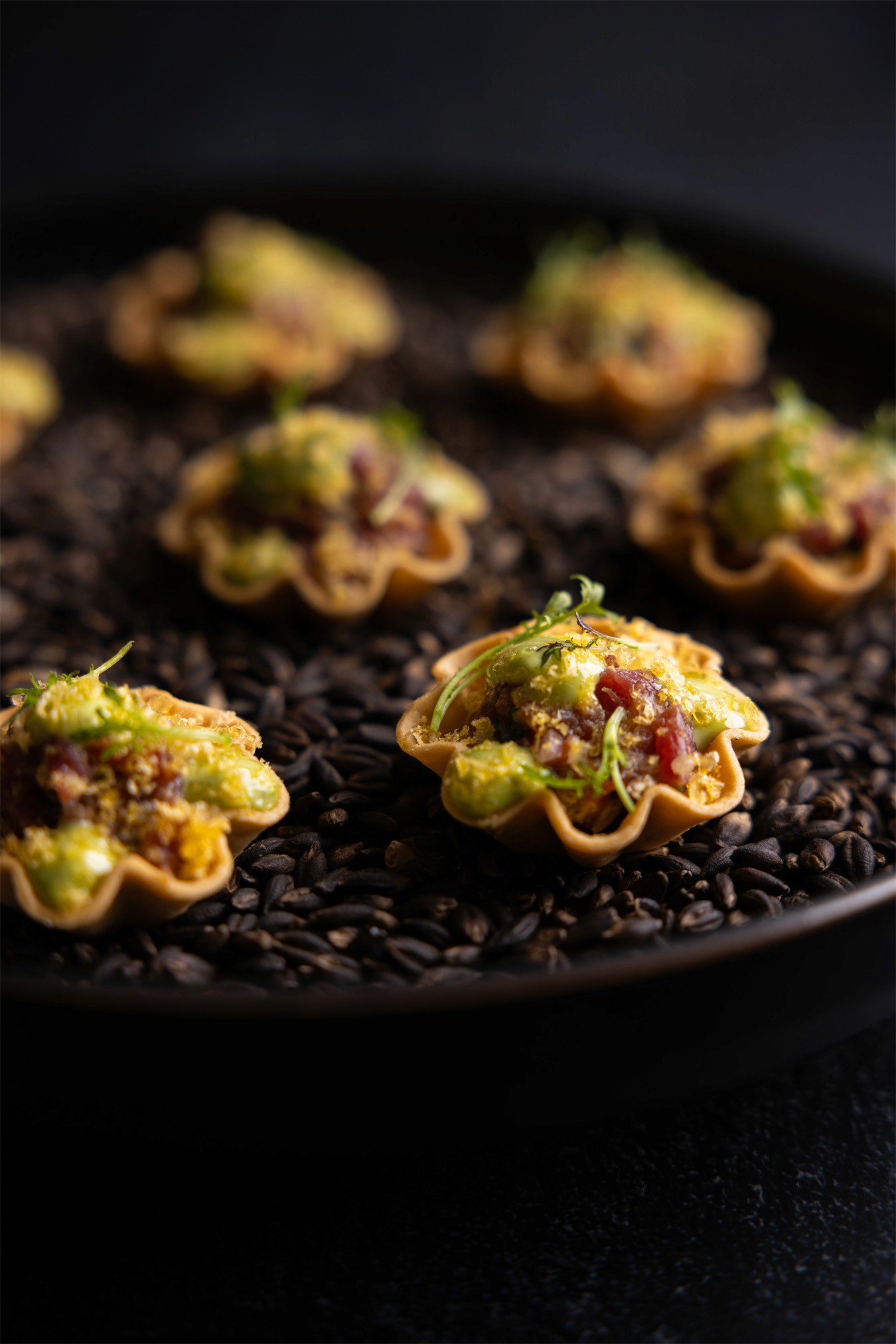 Beef Crudo Tart, tarragon emulsion & cured egg