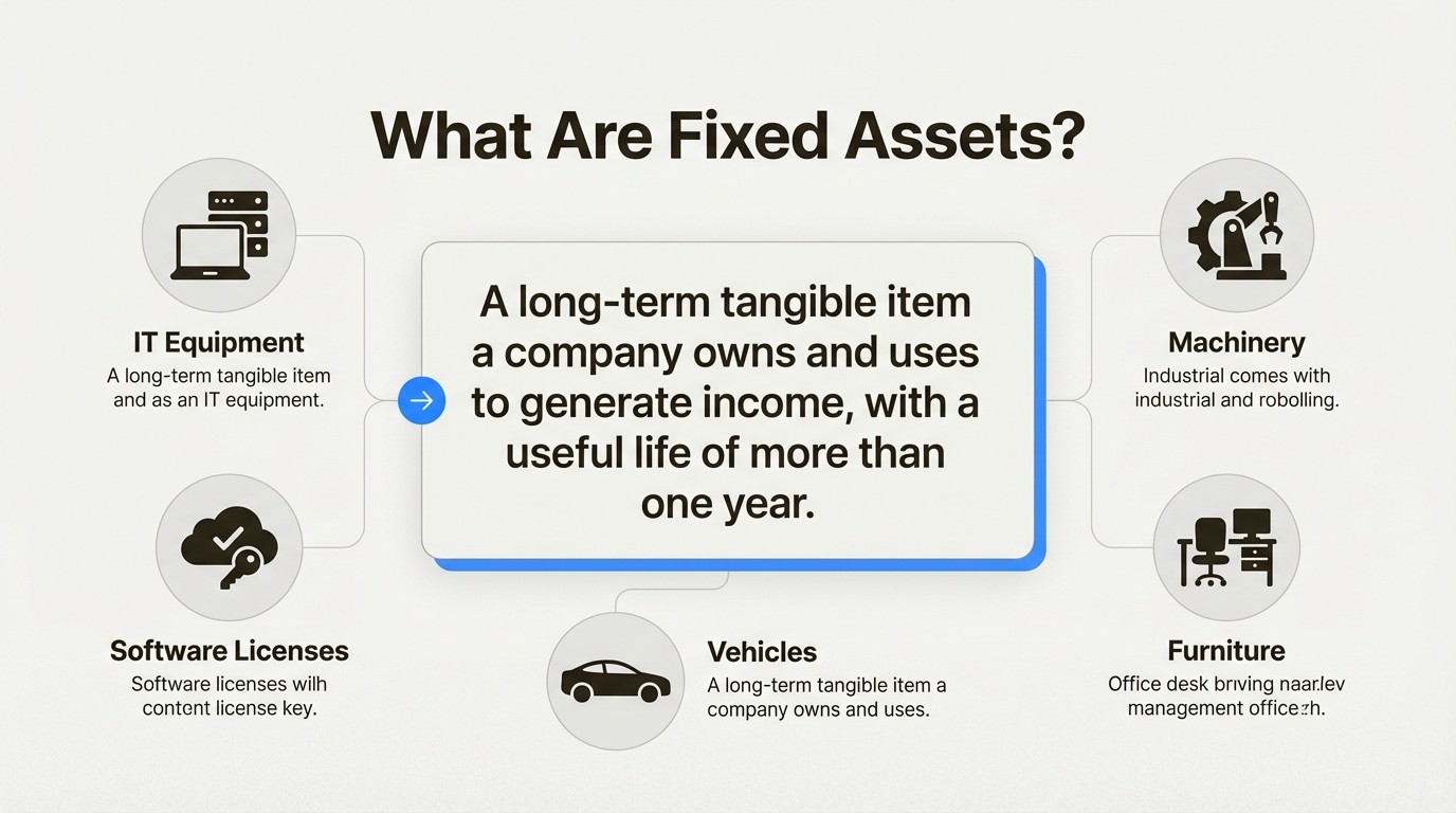 An infographic explaining the concept of fixed assets tracking with icons for IT equipment, software licenses, vehicles, furniture, and machinery.