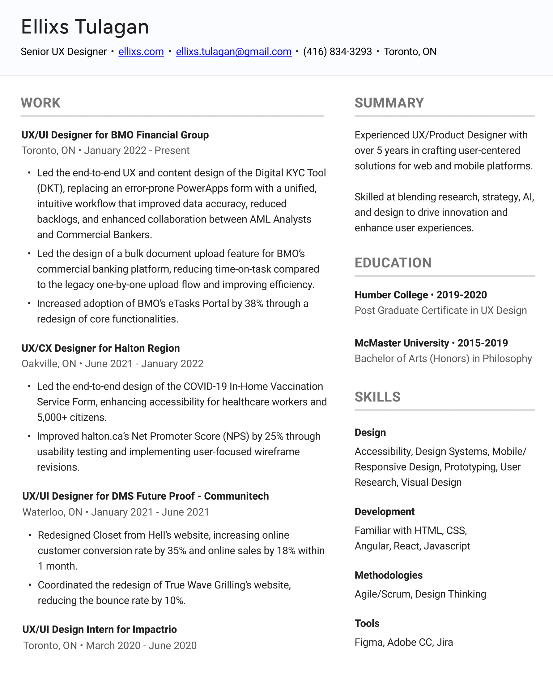Ellixs' UX Designer resume with experience, education, and contact info
