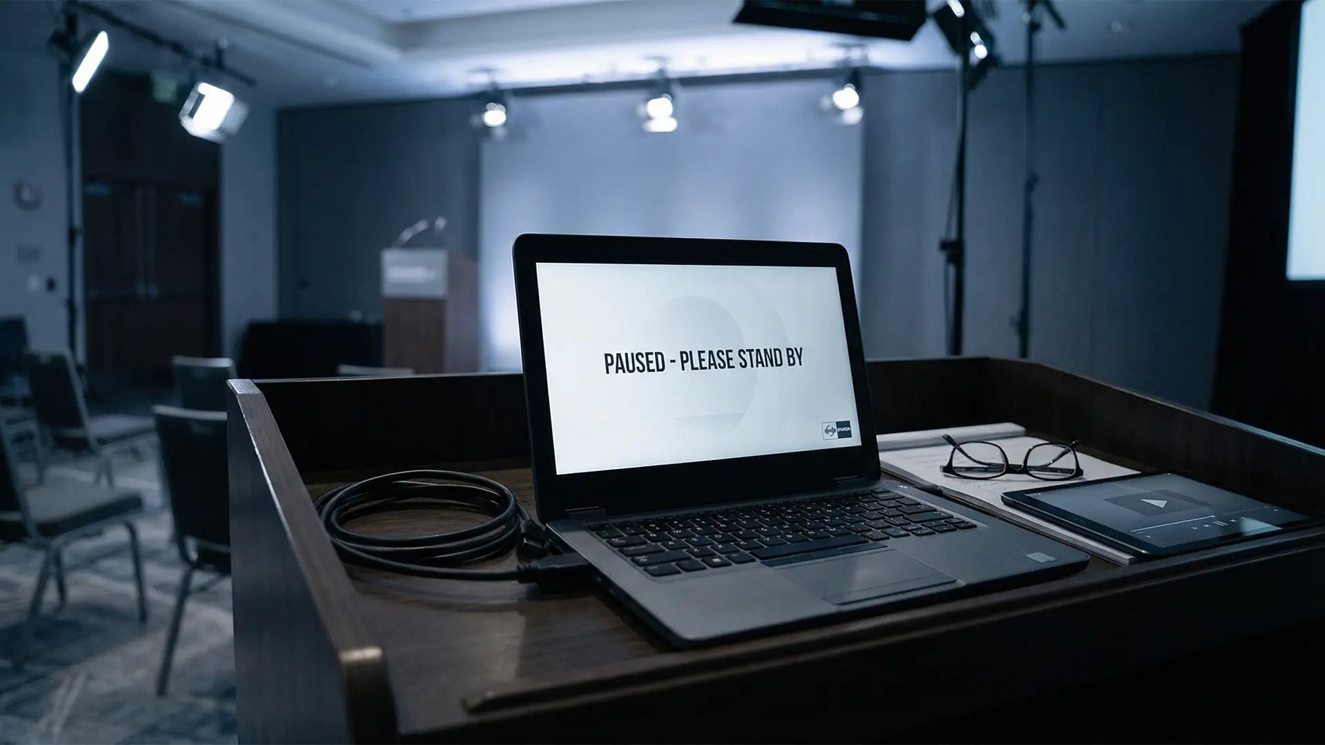 Presenter lectern with laptop displaying a ‘Paused – please stand by’ holding slide in an empty conference room, moments before a live corporate broadcast resumes.