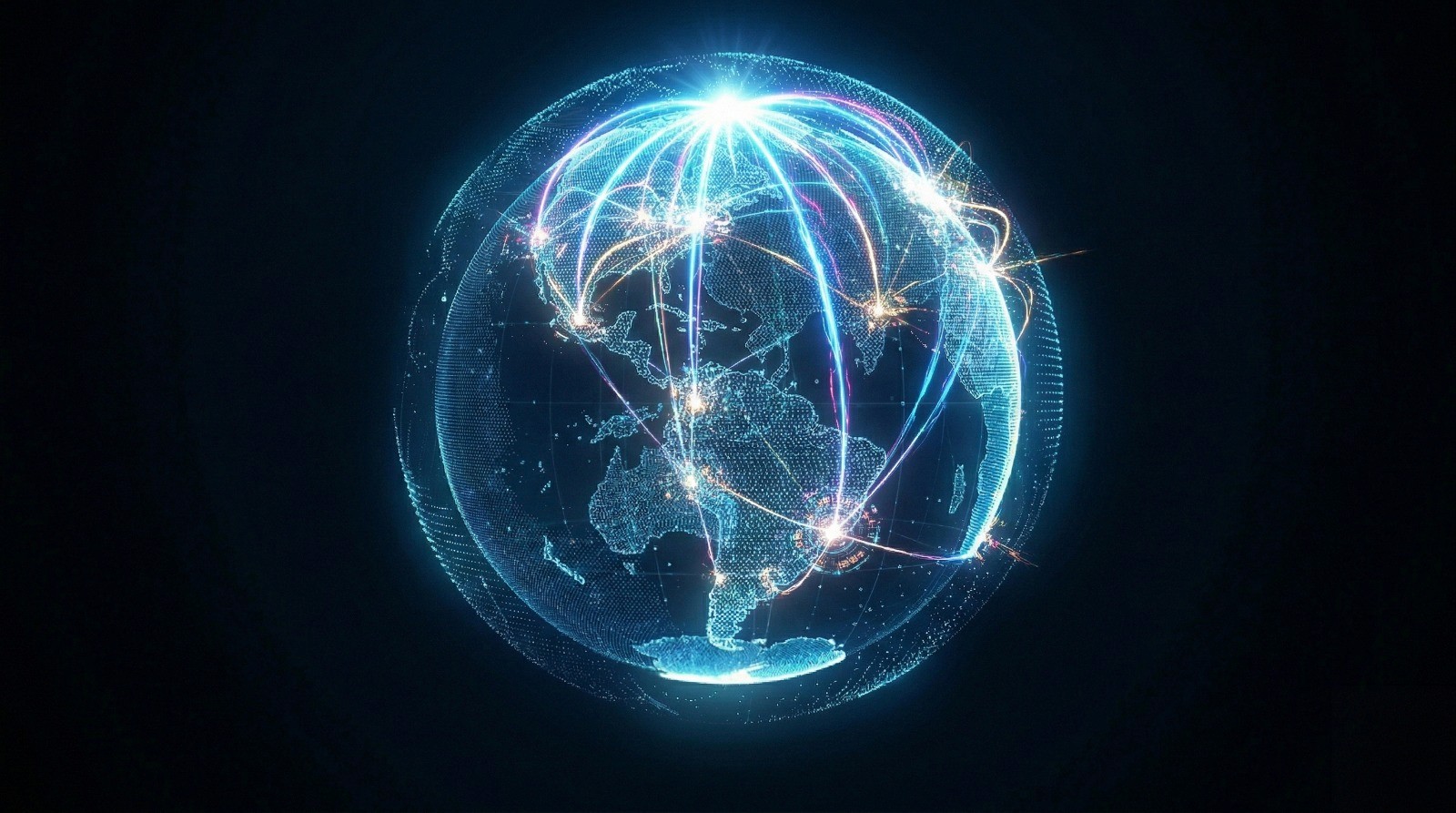 Leuchtender digitaler Globus mit Lichtbahnen zwischen Kontinenten, ein Sinnbild für grenzüberschreitende Zahlungen unter strengerer Prüfung.