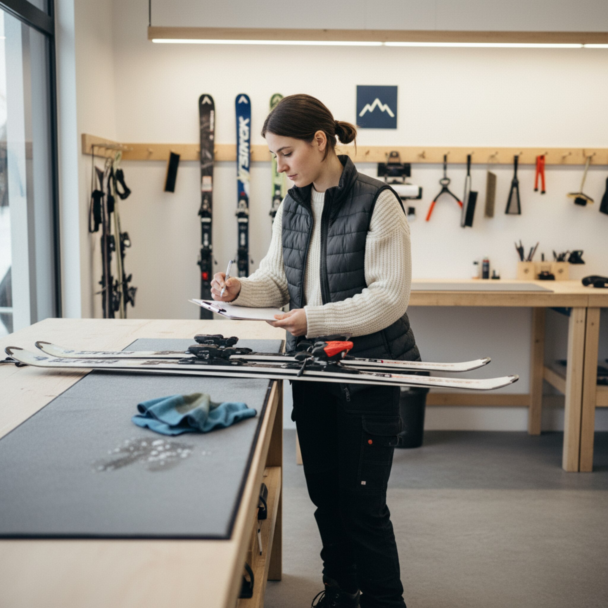 Am Tresen prüft eine Mitarbeiterin zurückgebrachte Skier unter hellem Licht. Mit einem Stift markiert sie eine feine Kratzspur und notiert die Stelle auf einem Formular. Ein Tuch wischt Feuchtigkeit ab. Die Szene wirkt professionell, sachlich und transparent.