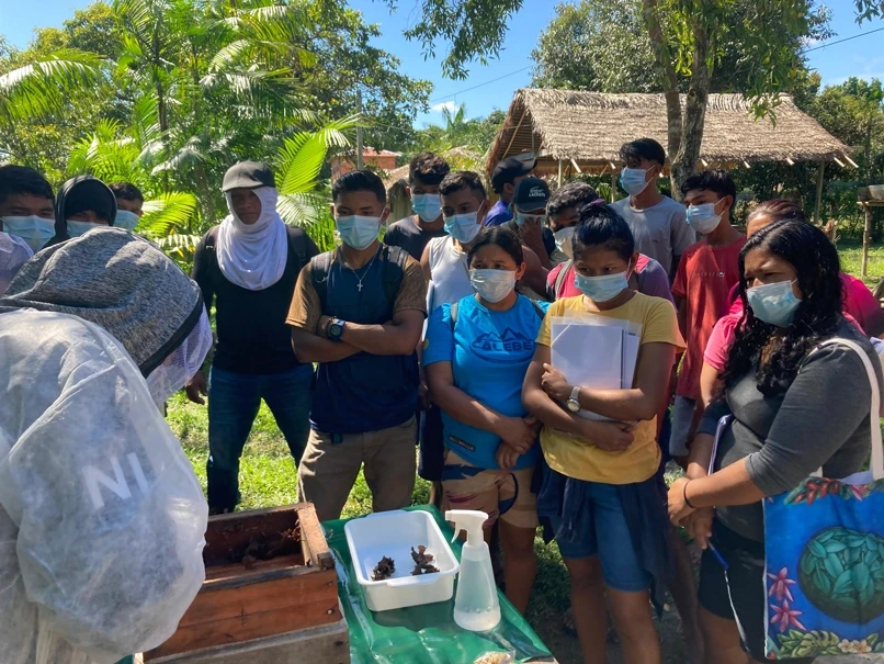 Grupo de pessoas em formação de meliponicultura.