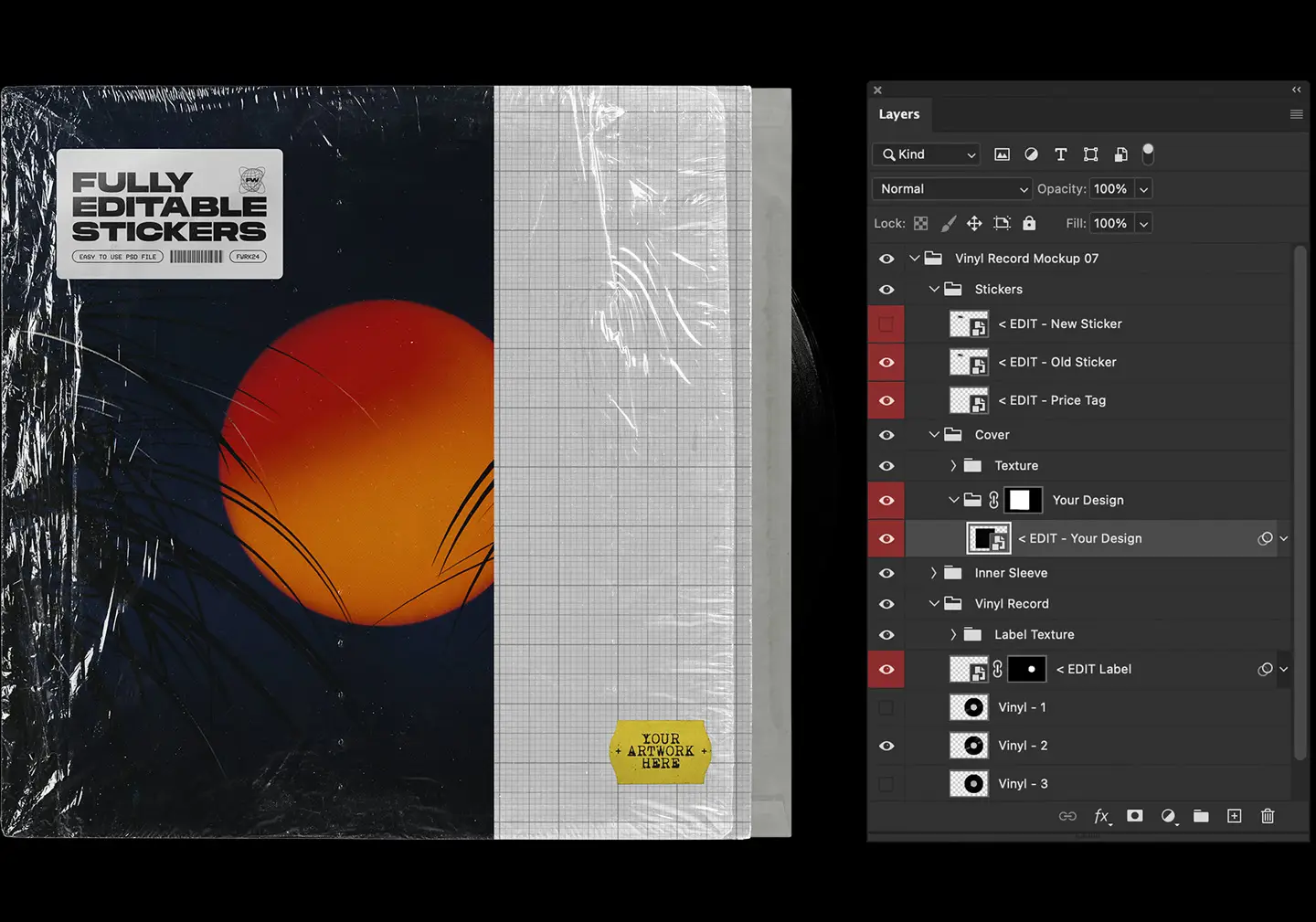 Vinyl record mockup layered Photoshop PSD showing organized smart object layers