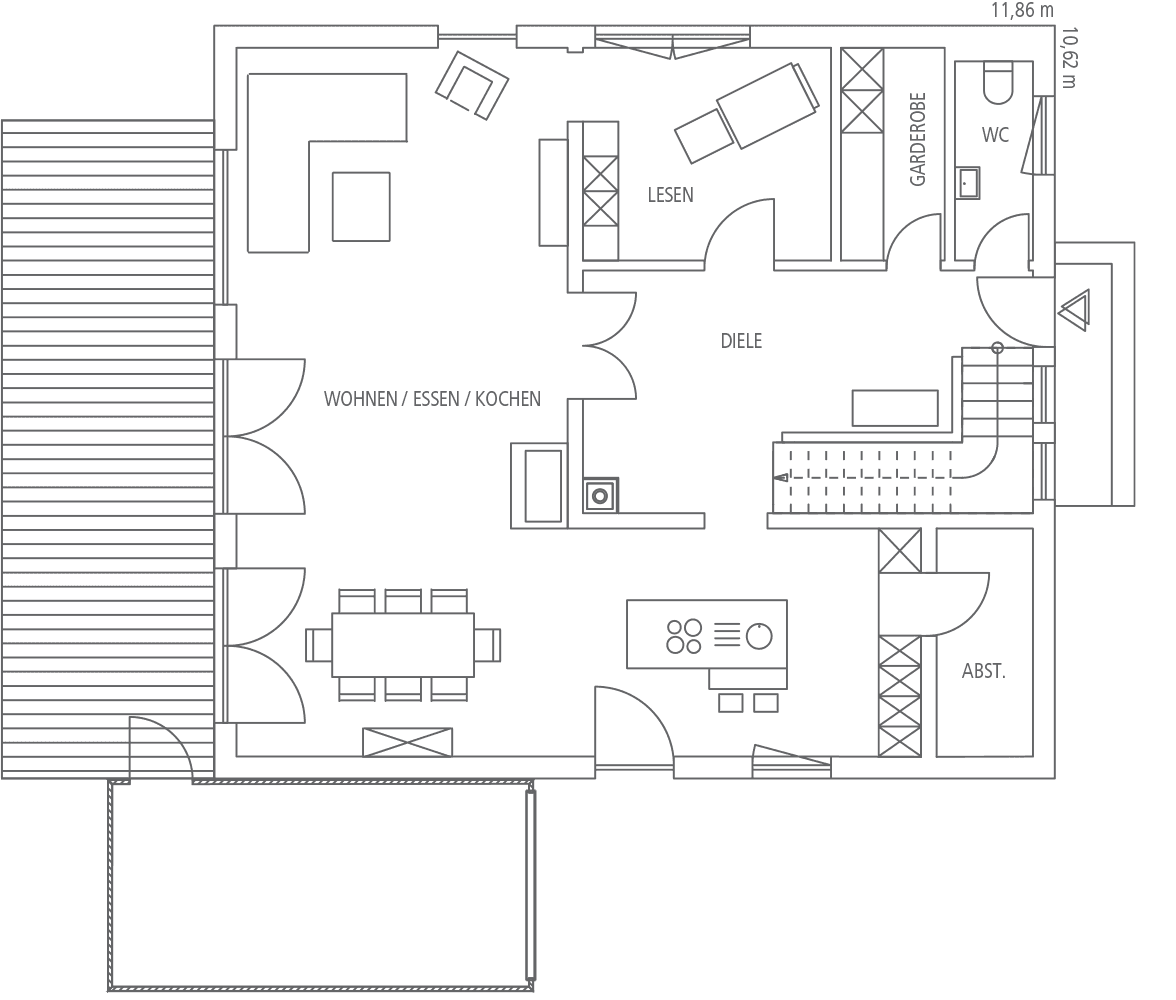 Grundriss eines modernen Einfamilienhauses mit Wohn-/Ess-/Kochbereich, Diele, Lesezimmer, Garderobe, WC, Abstellraum und Terrasse.