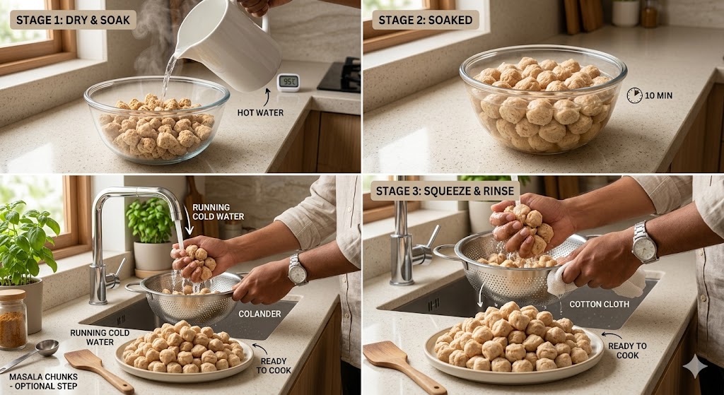 A step-by-step instructional guide showing how to prepare soya chunks, with labeled stages: soaking dry soya chunks in hot water, the resulting soaked soft chunks, and hands squeezing and rinsing them under running cold water in a kitchen sink.