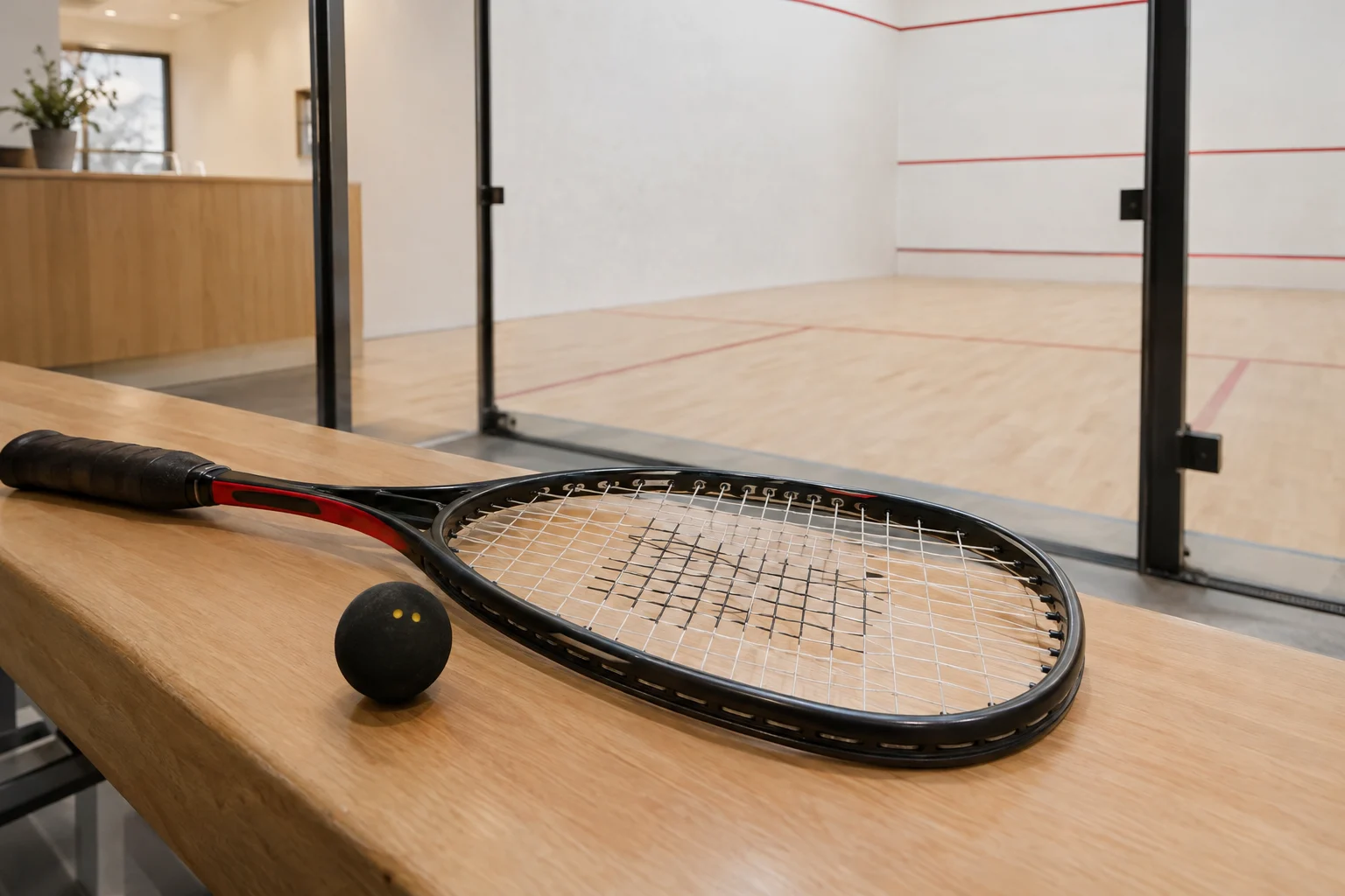 Squashschläger und Ball auf einer Bank