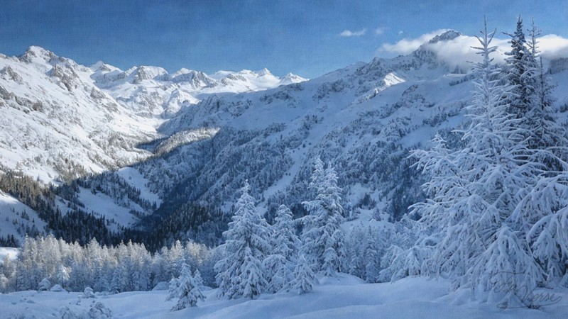 Sacred artwork by Faith and Verse. © Faith and Verse, 2026. All rights reserved. Alpine winter landscape, Valle d'Aosta mountains in February snow.