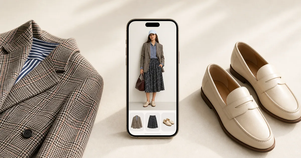 A portrait phone showing a full-body outfit preview beside a checked blazer and cream leather loafers on a warm ivory background