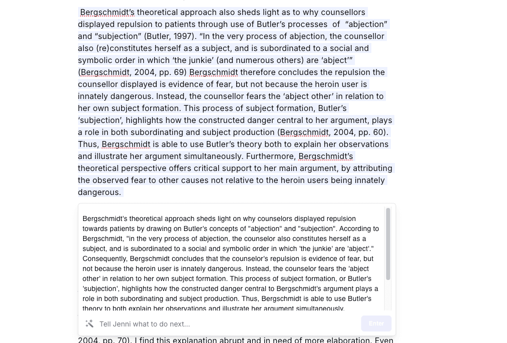 Jenni AI rephrasing a Butler citation about abjection and subjection.