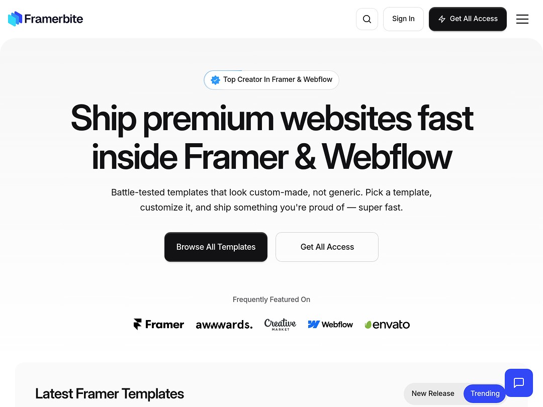 Framerbite website offers templates for Framer and Webflow platforms.