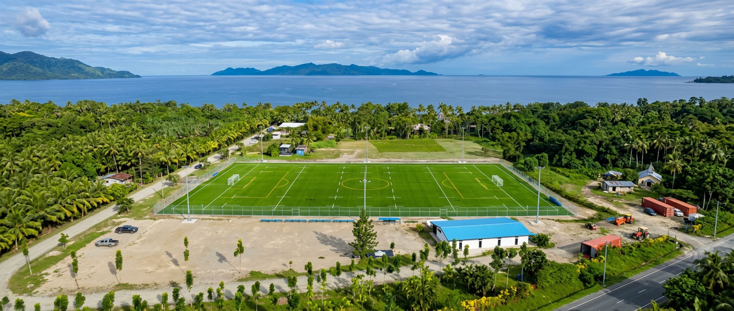 Aeriel view of a sports field alongside the beachside oceanview in fiji