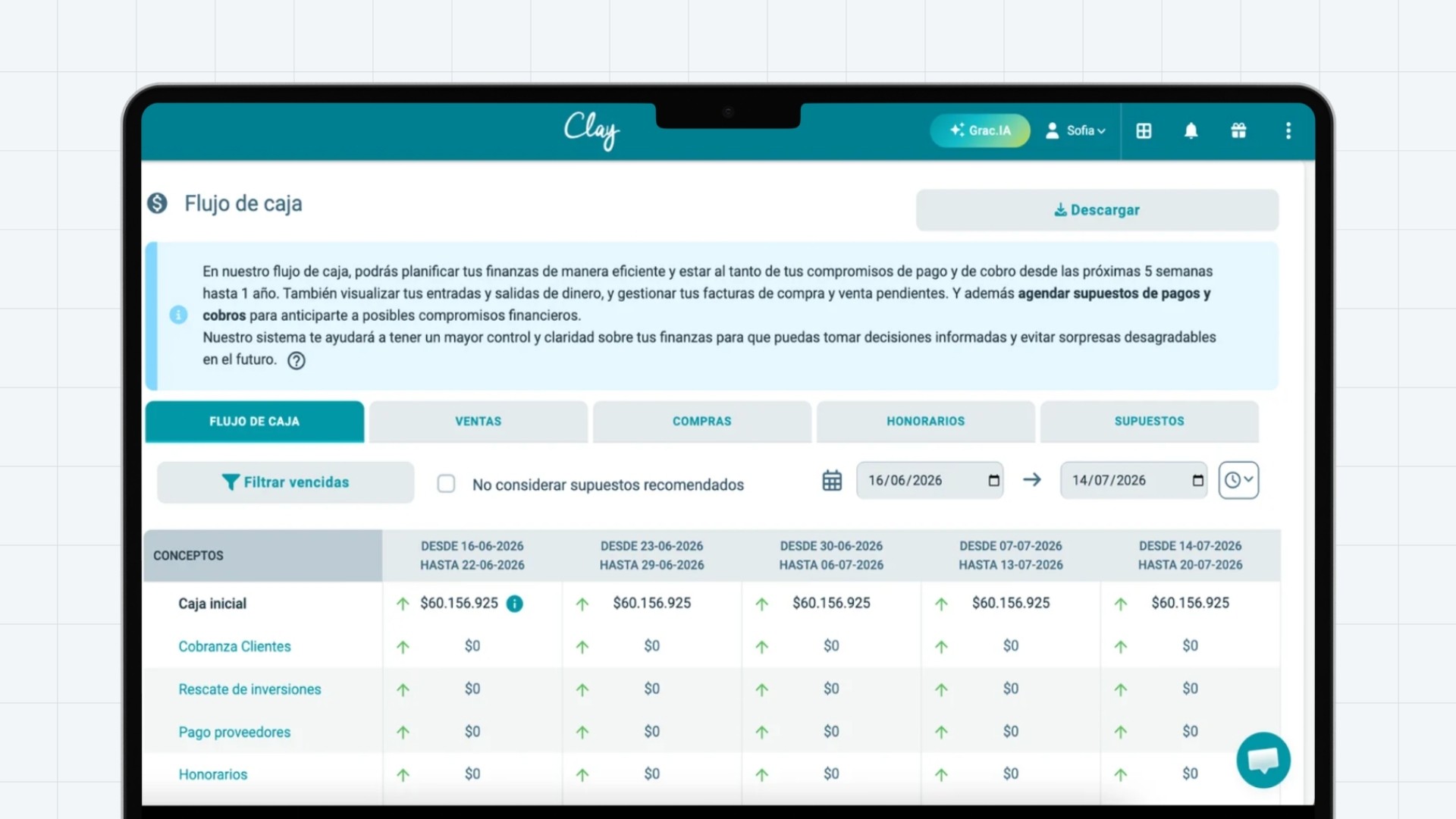 Flujo de caja actualizado en tiempo real en Clay