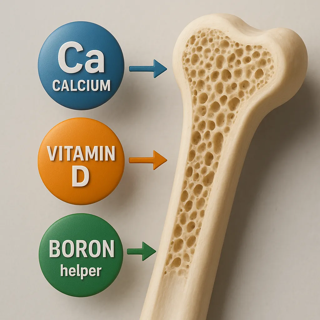 Simple bone density graphic showing calcium and vitamin D being used to build and maintain bone structure, with boron highlighted as a helper