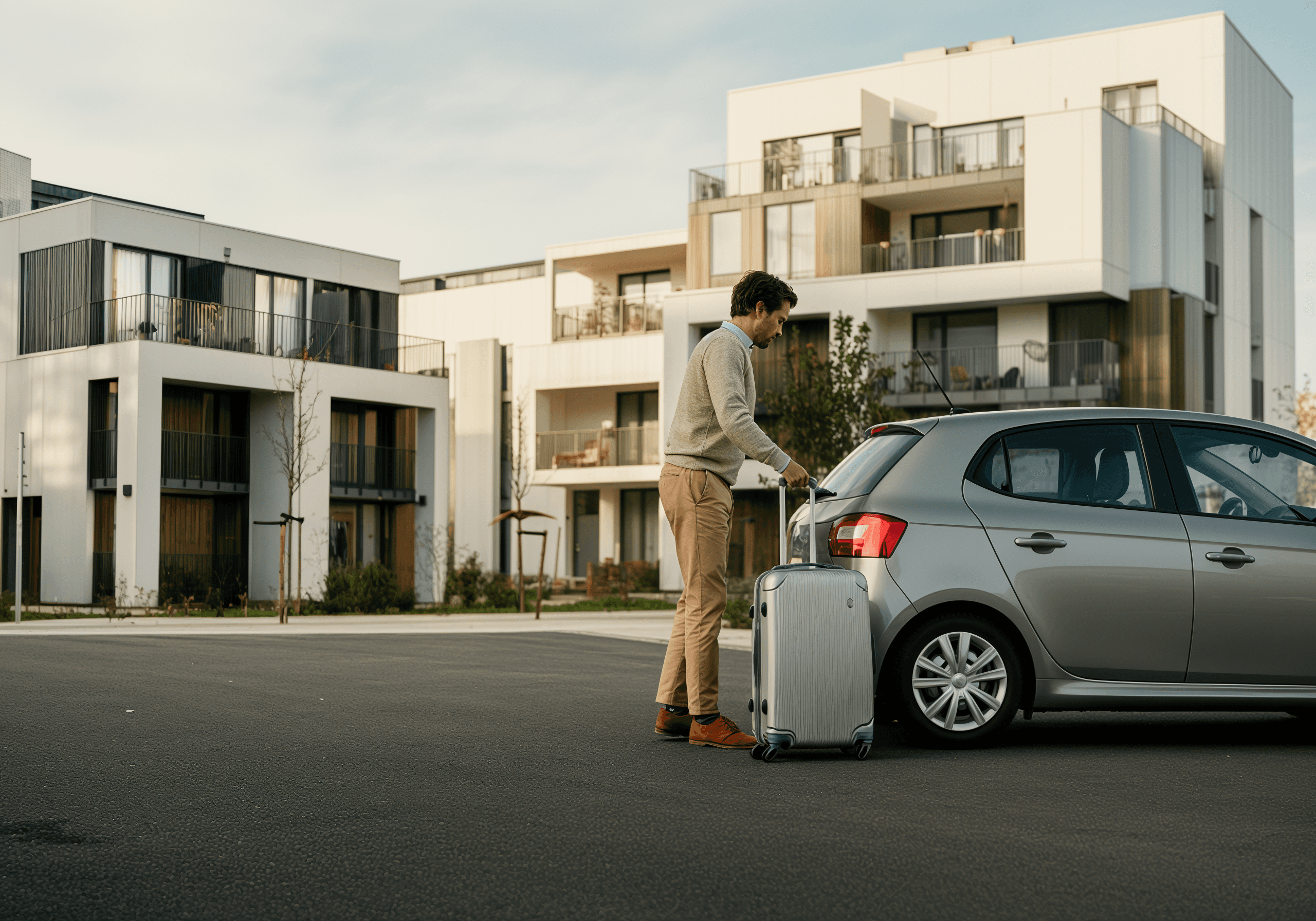 Man loading luggage into a silver car, preparing for travel in front of modern apartments.