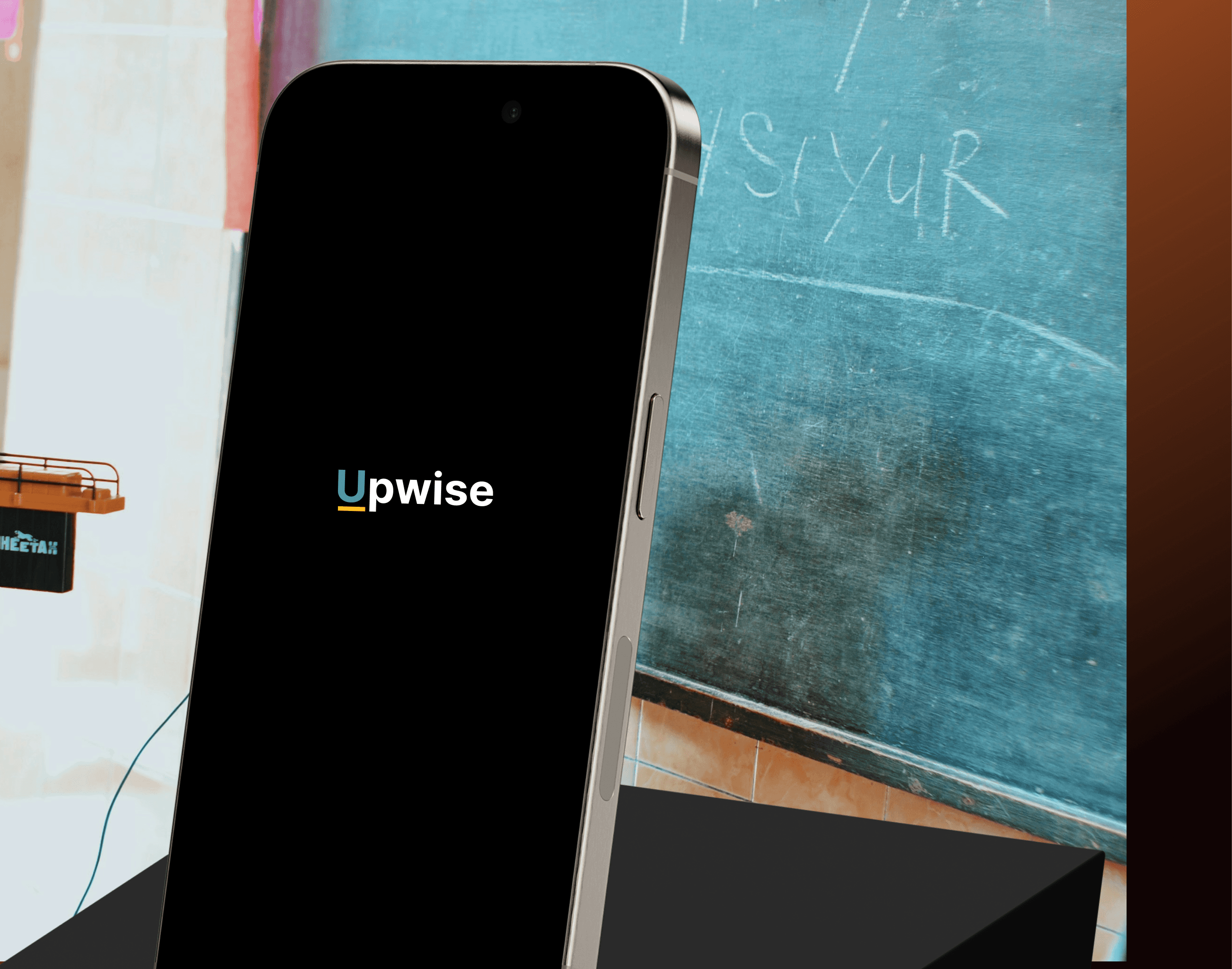 Learning platform mobile app mockup with classromm background