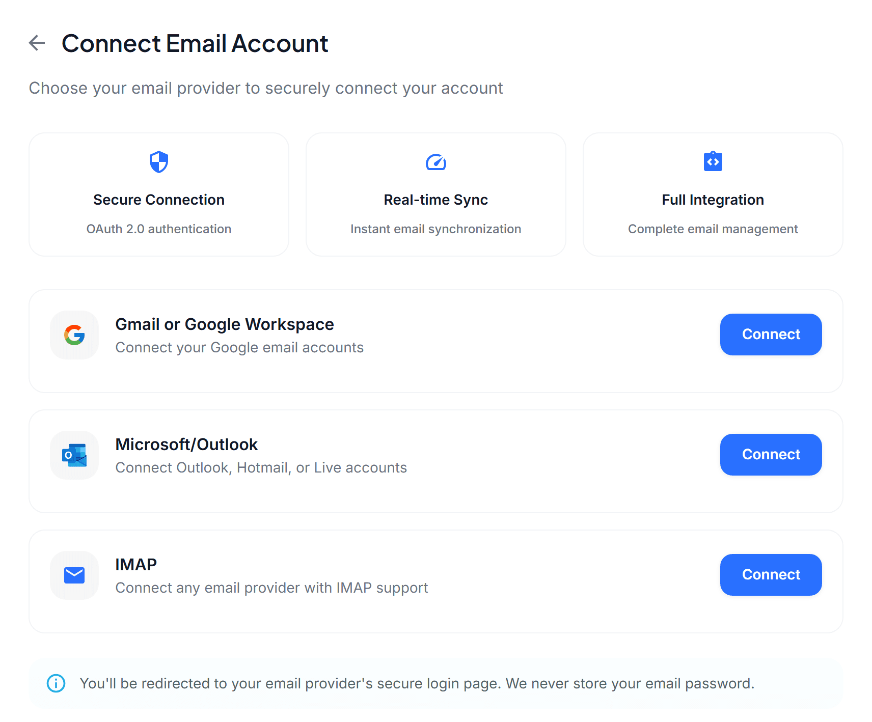 Connect Email Account screen in LetterLeaf with three provider options: Gmail or Google Workspace, Microsoft/Outlook, and IMAP, each with a Connect button