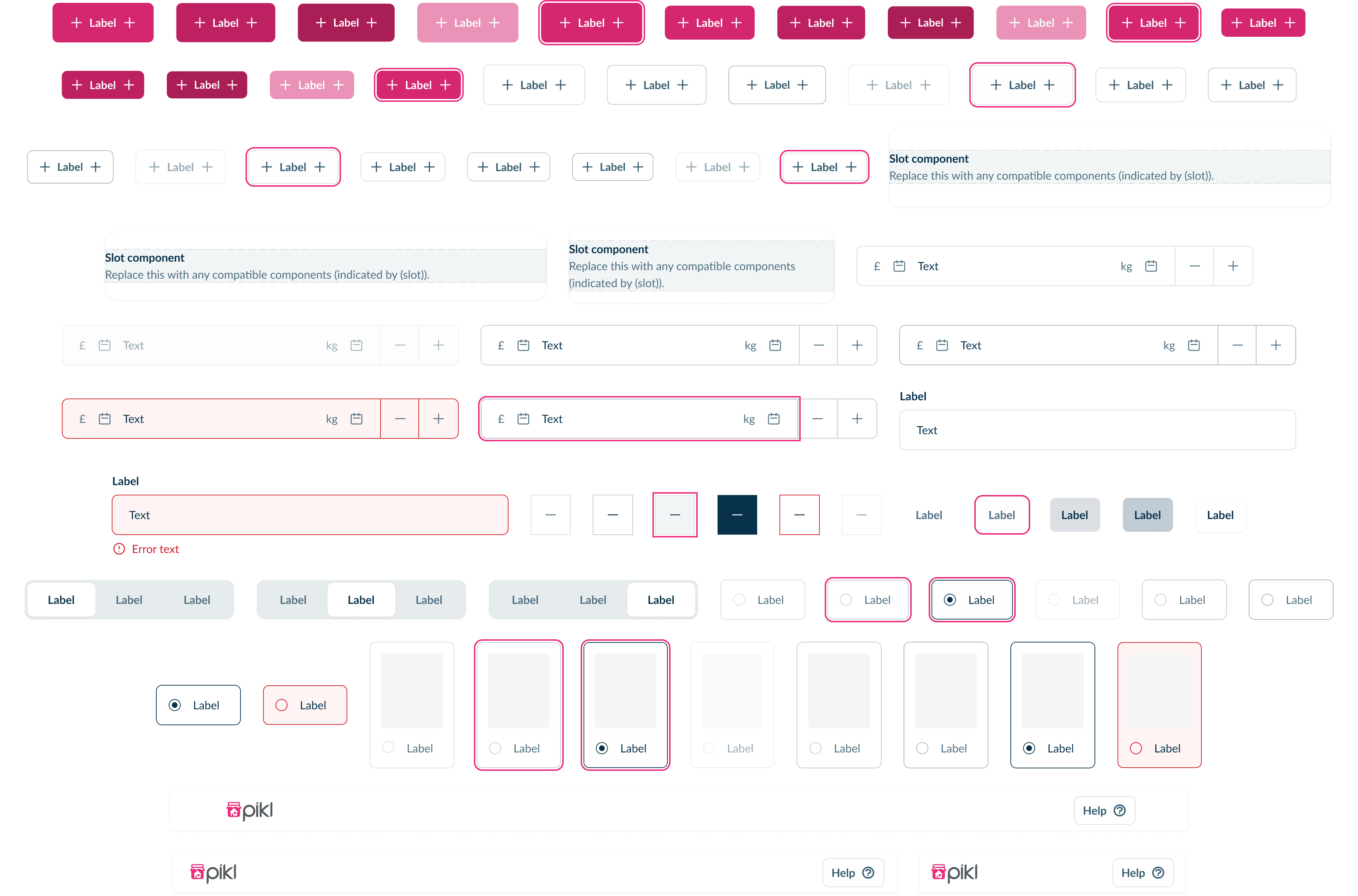 A collection of UI components from a design system, including buttons, input fields, slot components, labels, and selection controls, demonstrating various states and styles.