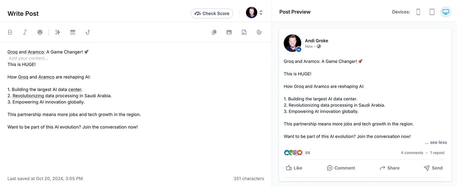 Screenshot of Supergrow LinkedIn Post editor