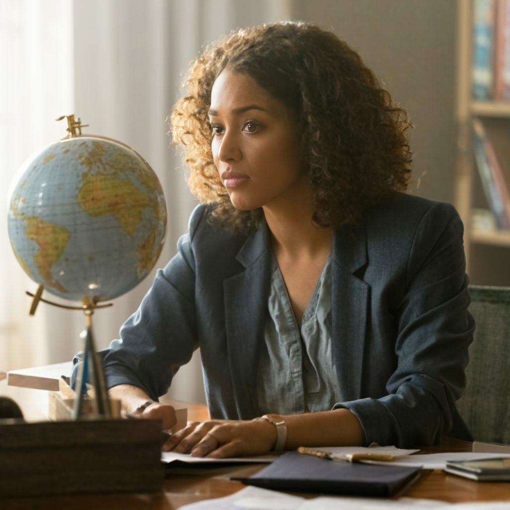 Individual contemplating a globe focused on the United States, with legal immigration documents and an American flag in the background, symbolizing the contemplative and hopeful journey of applying for a U.S. green card.