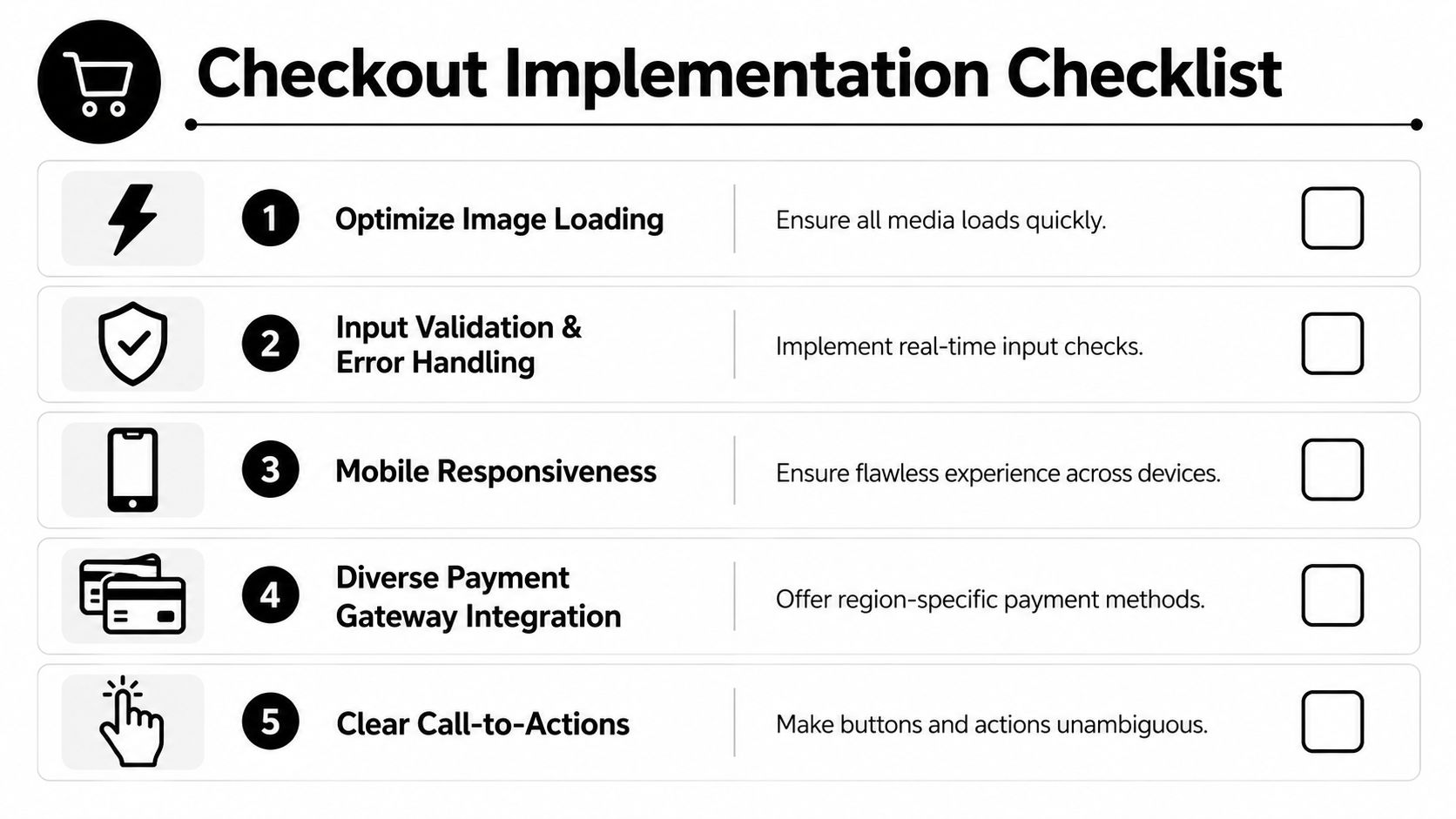 A checklist infographic titled Checkout Implementation Checklist outlining five essential steps for designing an effective e-commerce checkout.