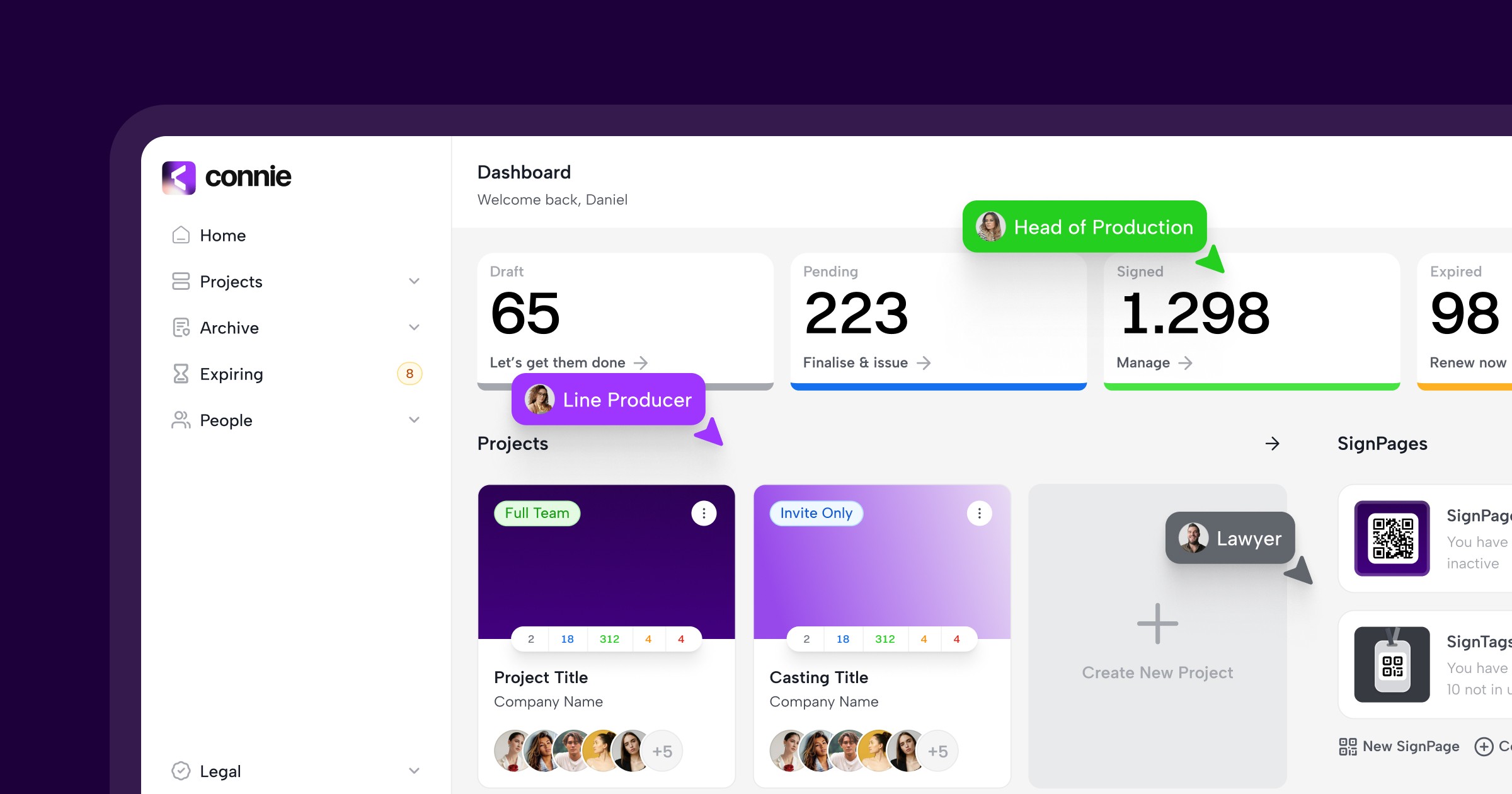 Dashboard for the new Connie interface esign platform for film makers