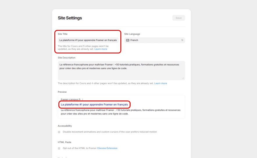 Paramètres SEO dans Framer avec le champ Site Title utilisé pour optimiser le référencement Google