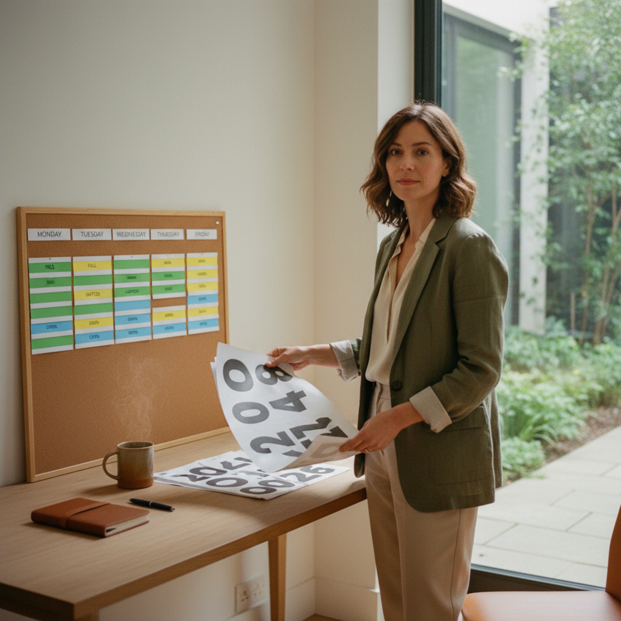 In einem ruhigen Büro sortiert eine Leitungskraft akkurate Ausdrucke mit Tageszahlen, daneben eine Pinnwand mit Farbstreifen für Auslastung. Eine Tasse dampft neben dem Stift. Das Fenster gibt den Blick auf einen Hof frei. Die Situation vermittelt Kontrolle, Überblick und planvolles Handeln.