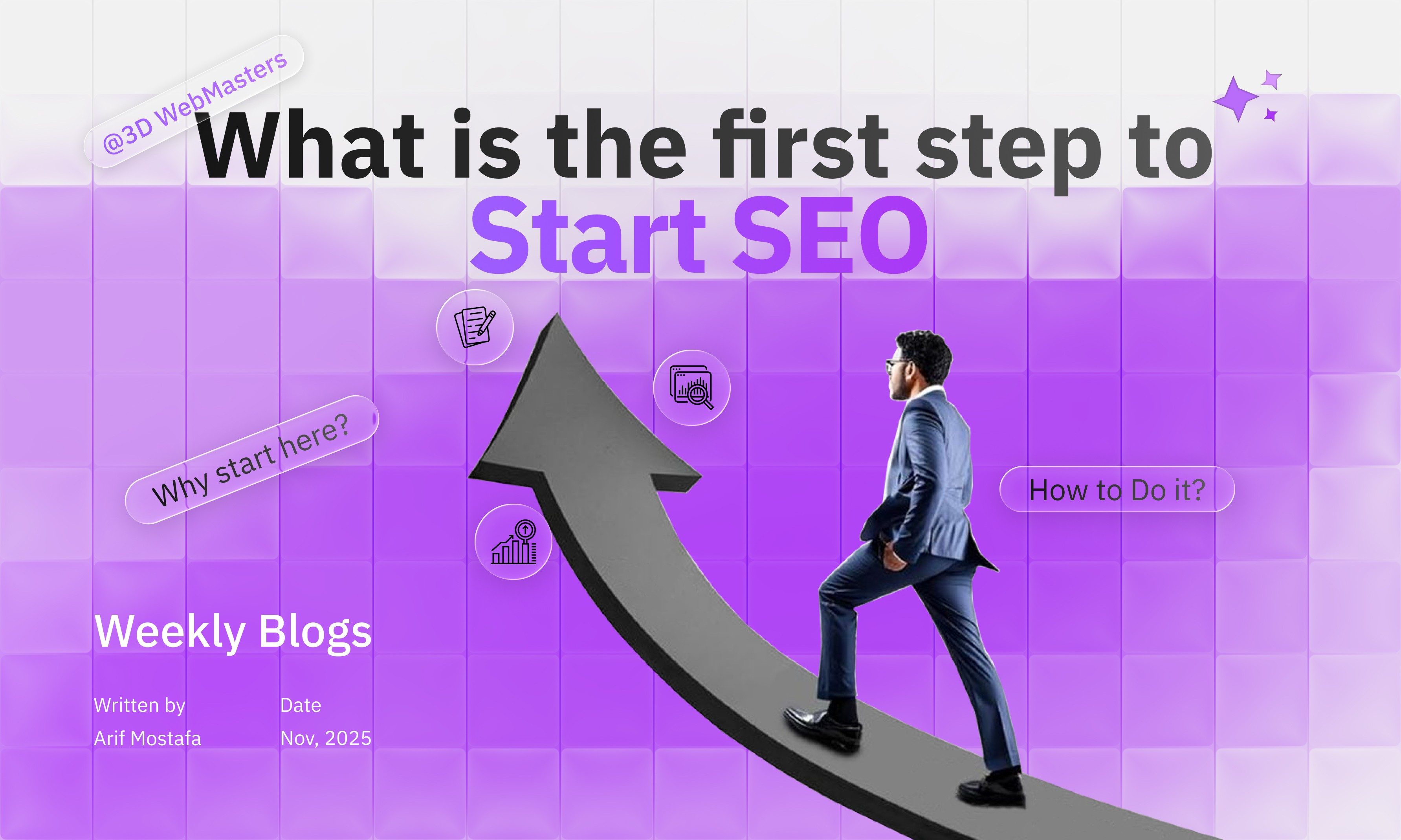 What is the first step to START SEO? — a man in a blue suit walks upward on a curved arrow toward SEO-related icons, set against a purple gradient background with text showing “Weekly Blogs – Written by Arif Mostafa, Nov 2025