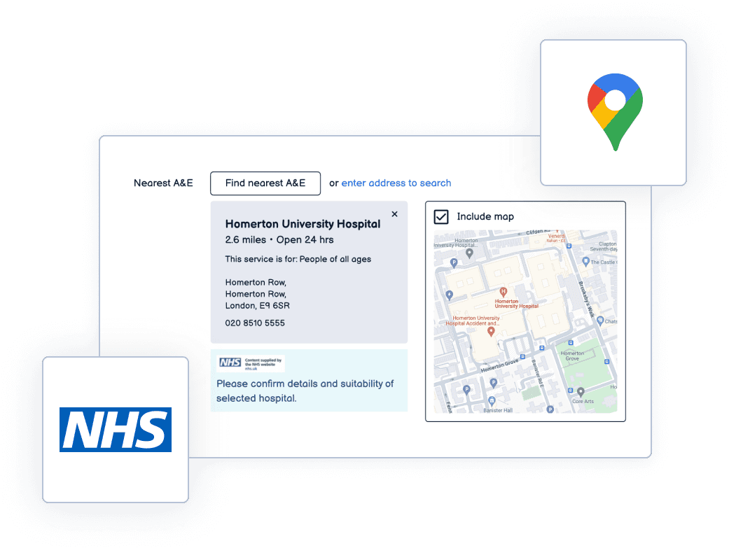 Identified external data sources - NHS, Google Maps which form a single integrated solution