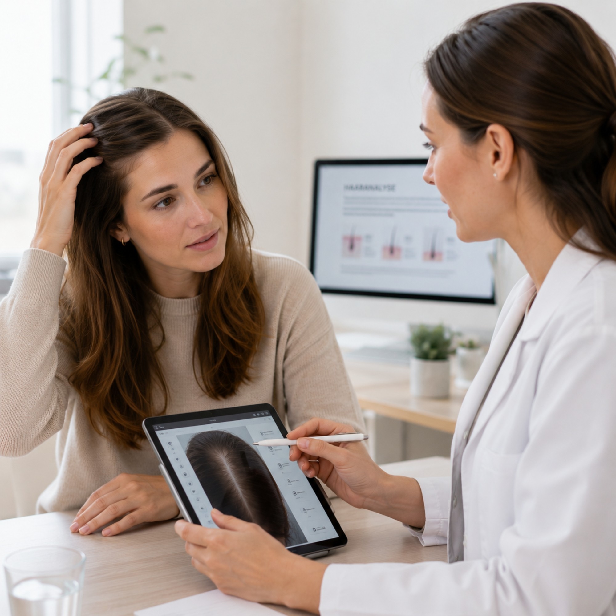Nederlandse vrouw bespreekt aanhoudend haarverlies na de zwangerschap met een haarspecialist tijdens een medisch haarconsult.