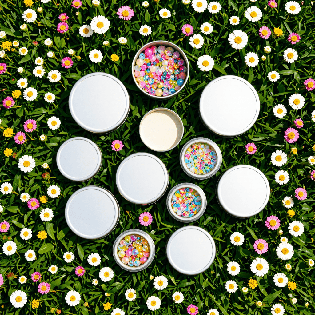 product photography of beads in metal containers