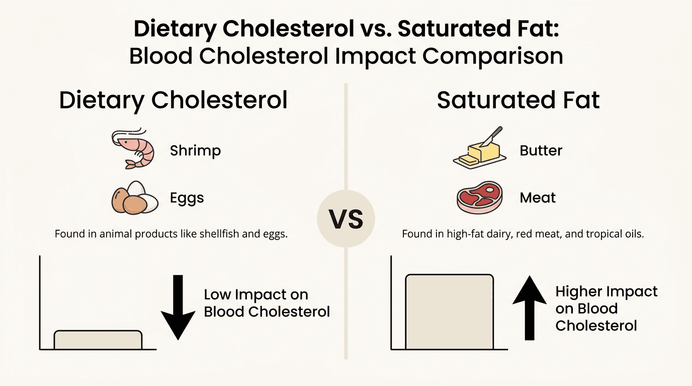 Infographic comparing dietary cholesterol in shrimp versus saturated fat impact on blood cholesterol