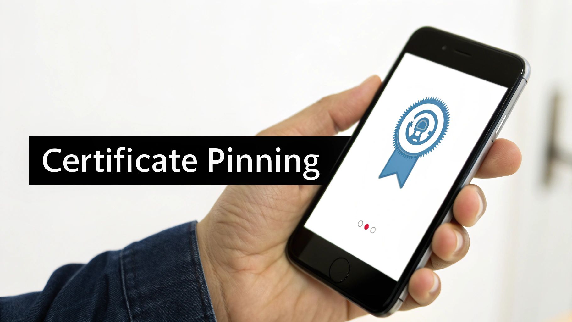 A hand holds a smartphone displaying a blue certificate icon and text 'Certificate Pinning'.