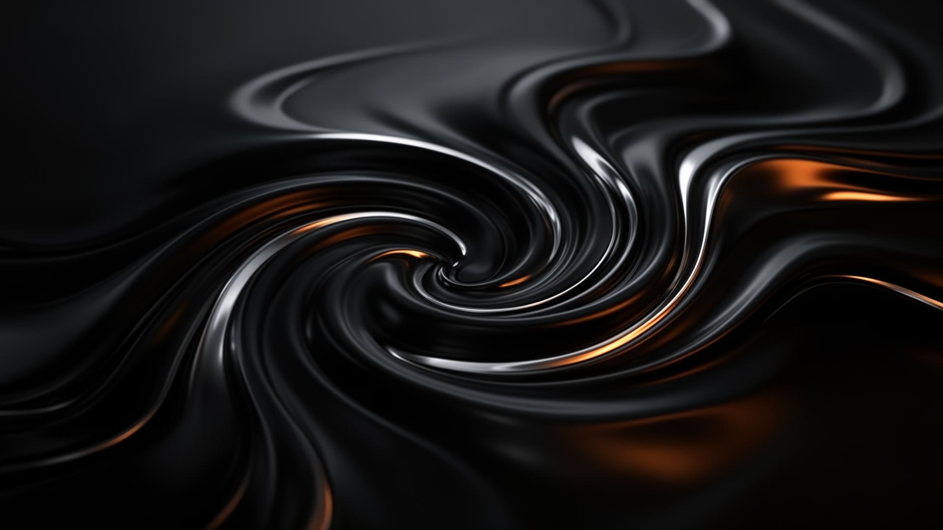 Swirling black and orange metallic waves form a spiral pattern on a dark background with highlights.