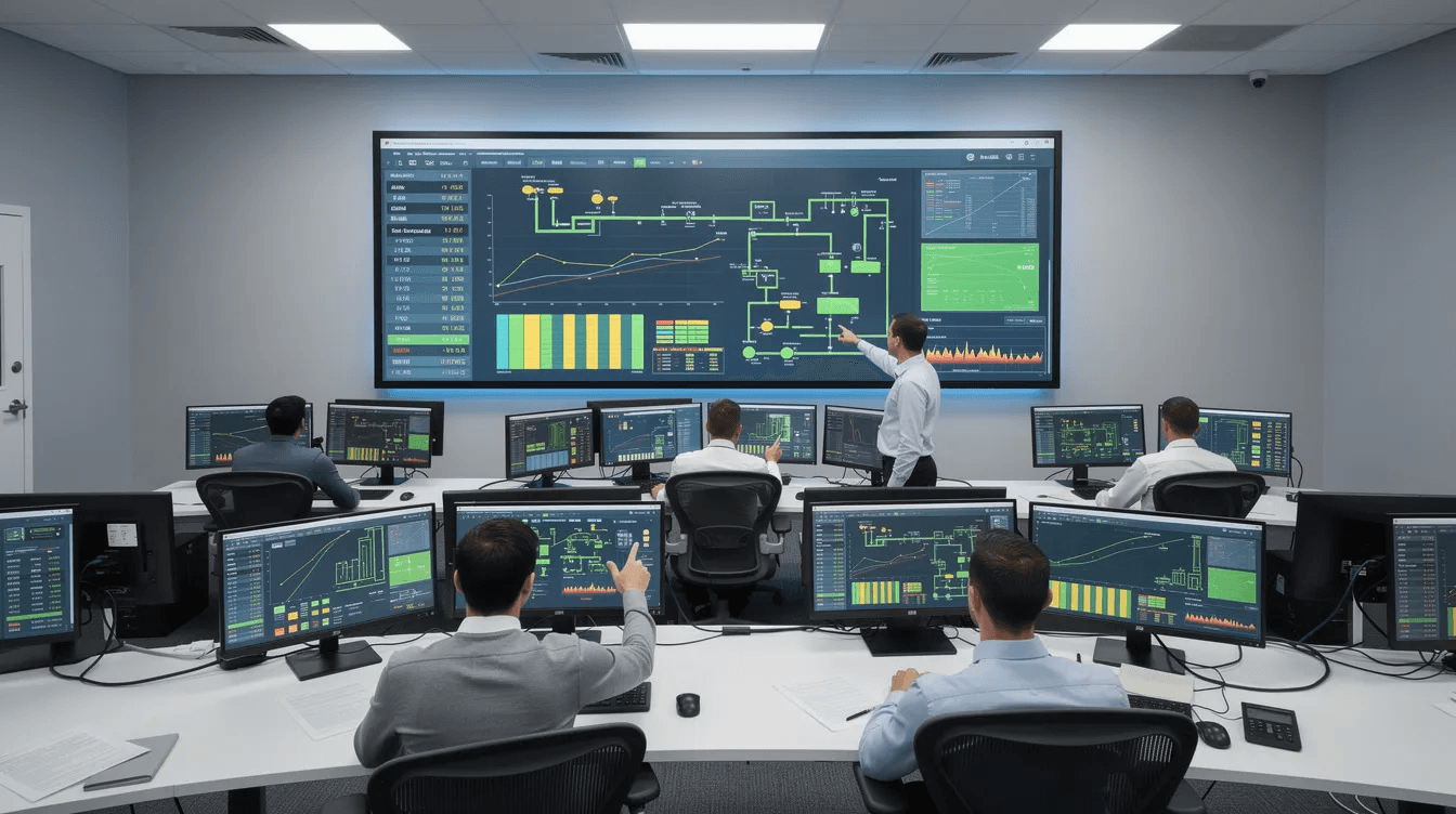 The image depicts a modern industrial control room where engineers are actively monitoring multiple screens that display real-time operational data. This environment utilises digital twin technology to create virtual representations of physical systems, allowing for predictive analysis and optimisation of complex systems in smart cities and manufacturing processes.